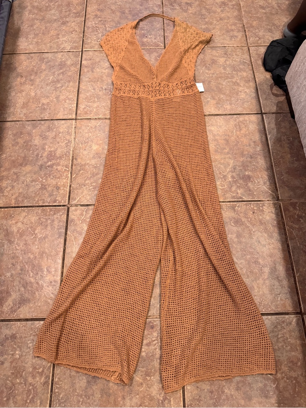 American Eagle Outfitters Camel Crochet Halter Wide-Leg Beach Jumpsuit Tall